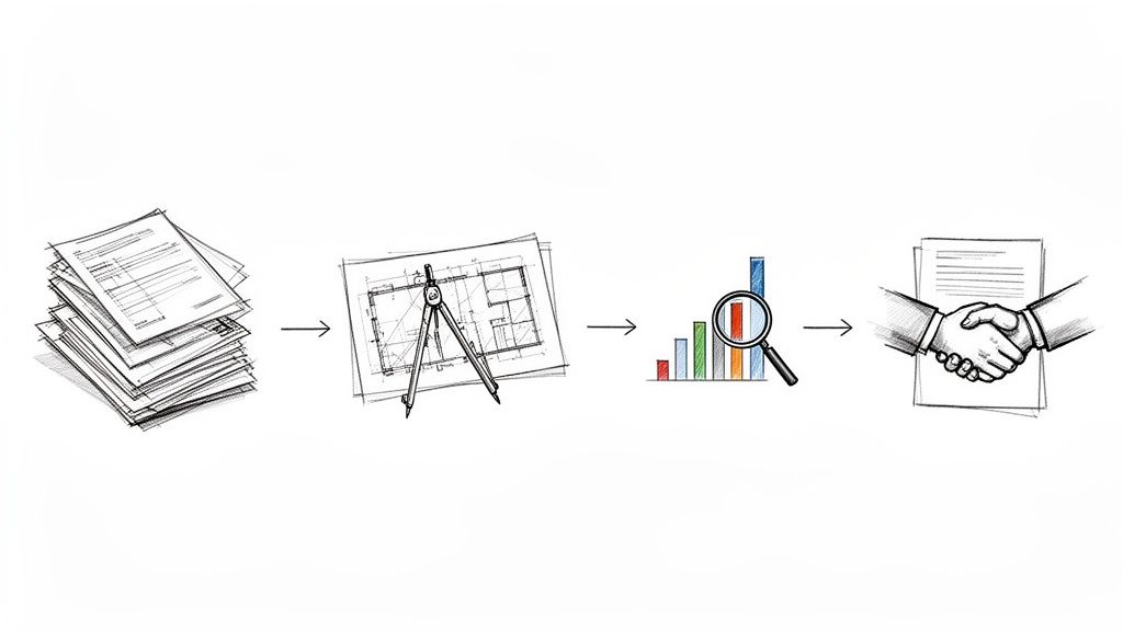 Ilustración de un proceso: documentos apilados, planos arquitectónicos, análisis de datos y un apretón de manos.
