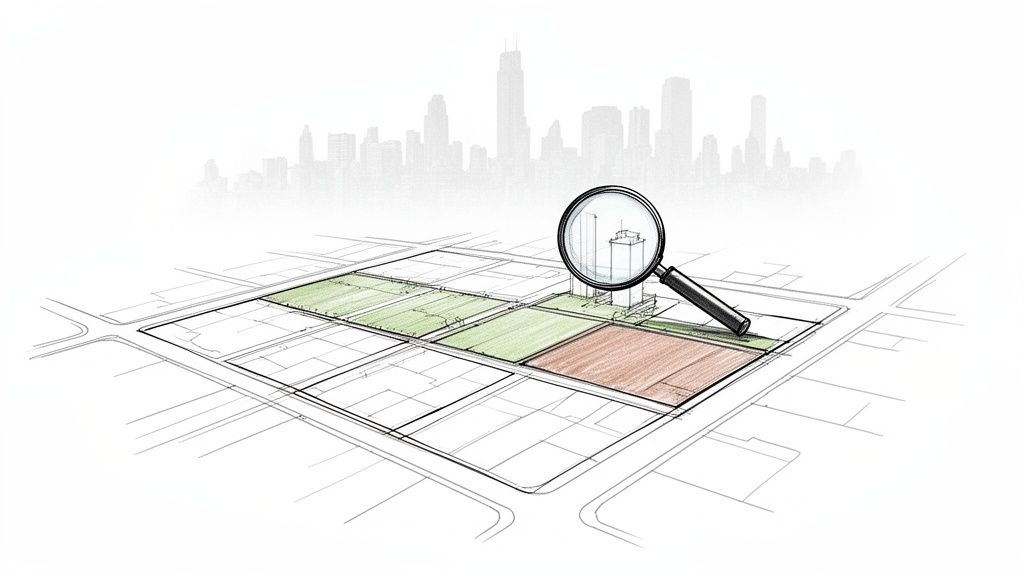 Ilustración de un plano urbano con parcelas de terreno, algunas resaltadas, y una lupa examinando un edificio.