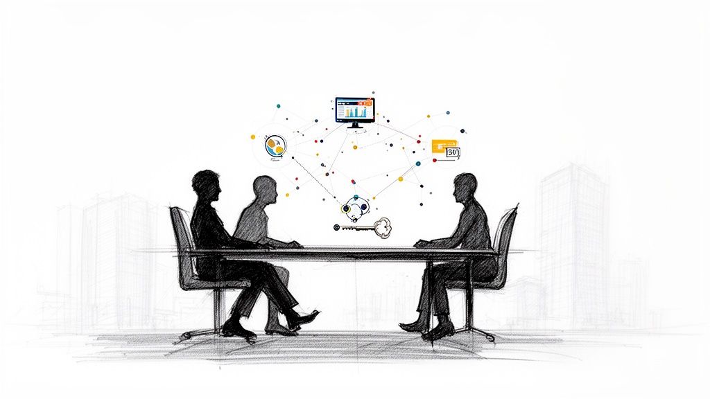 Siluetas de tres personas en una mesa con una red de datos y una llave, representando colaboración y soluciones empresariales.