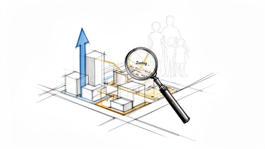 Ilustración de planificación urbana, crecimiento, y estudio de zonificación con lupa y siluetas familiares.