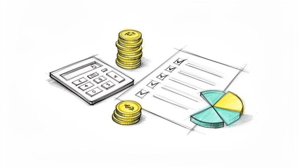 Ilustración de conceptos financieros con calculadora, pilas de monedas, una lista de verificación y un gráfico de pastel.