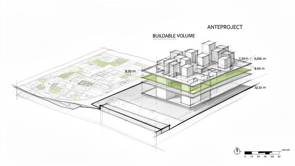 Dibujo detallado de un plan urbano con áreas verdes y anteproyecto arquitectónico de volúmenes edificables.