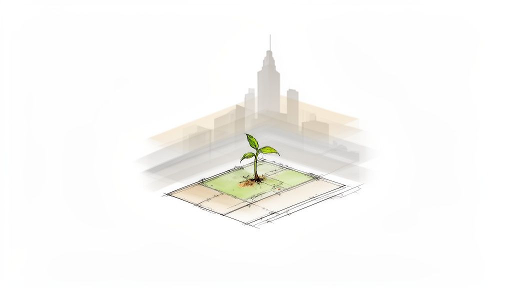 Pequeña planta verde brotando en un terreno urbanizable con silueta de ciudad de fondo.