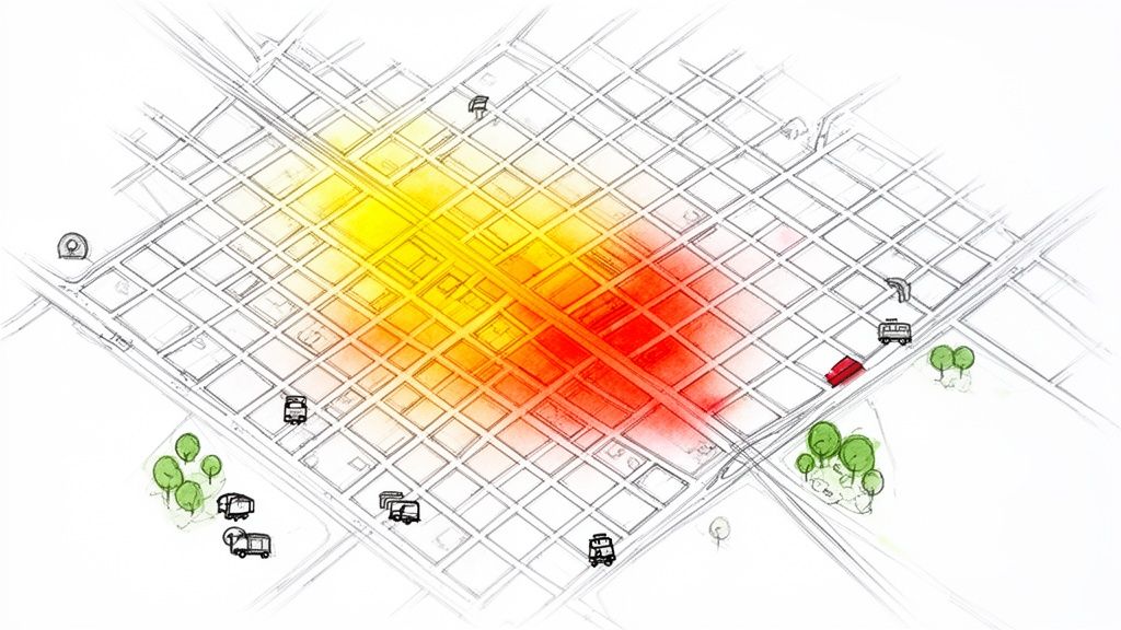 Mapa esquemático de una cuadrícula urbana con un mapa de calor que muestra áreas de alta actividad, vehículos y un pin de ubicación.