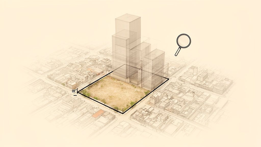 Perspectiva aérea de un terreno urbano vacío con rascacielos conceptuales transparentes y una lupa, sugiriendo planificación.