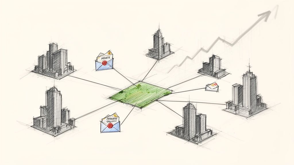 Boceto de edificios conectados a un terreno central con comunicaciones seguras, sugiriendo desarrollo y crecimiento.