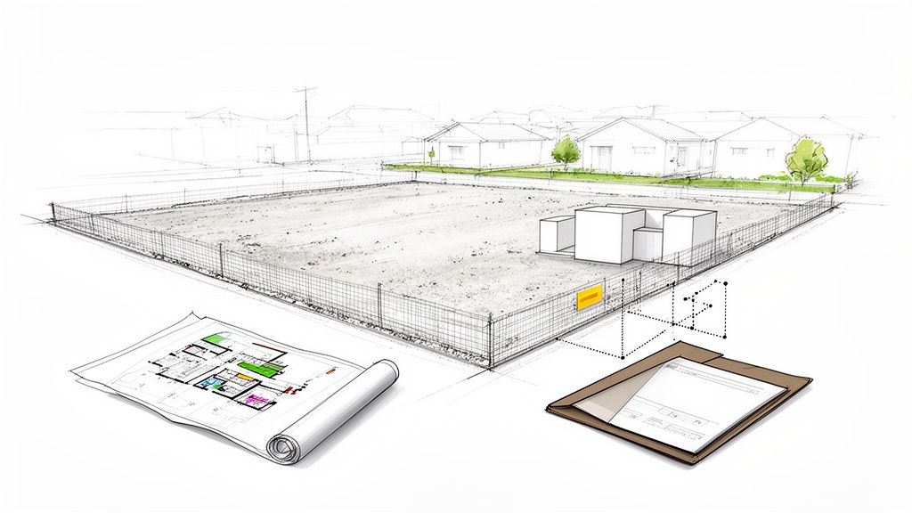 Terreno baldío cercado con formas de construcción abstractas, planos arquitectónicos y documentos de planificación.