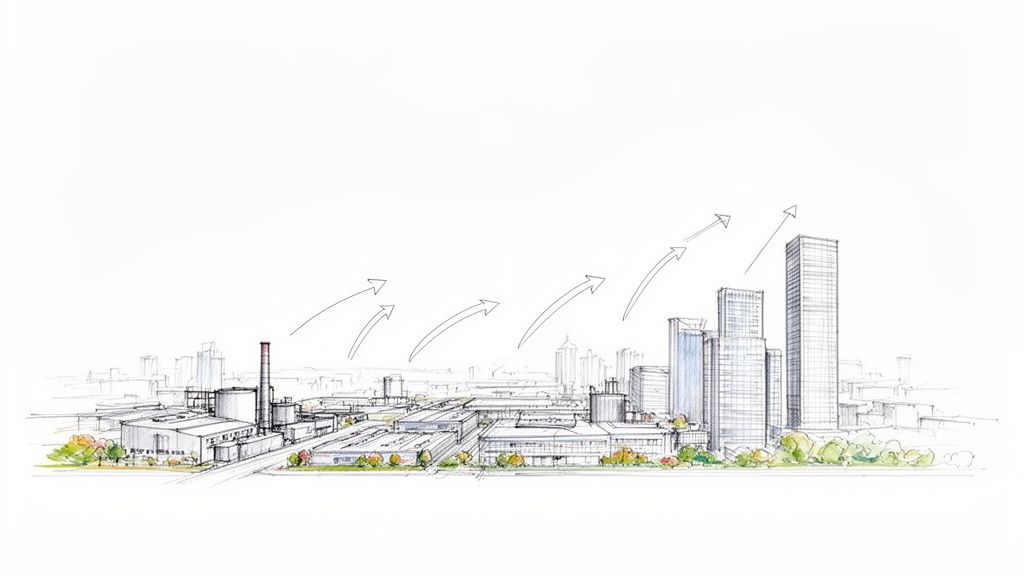 Boceto de parque industrial evolucionando a ciudad moderna con rascacielos y flechas de crecimiento.
