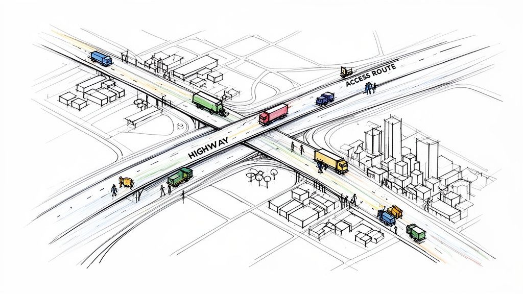 Dibujo detallado de un cruce de autopistas con camiones y edificios urbanos.