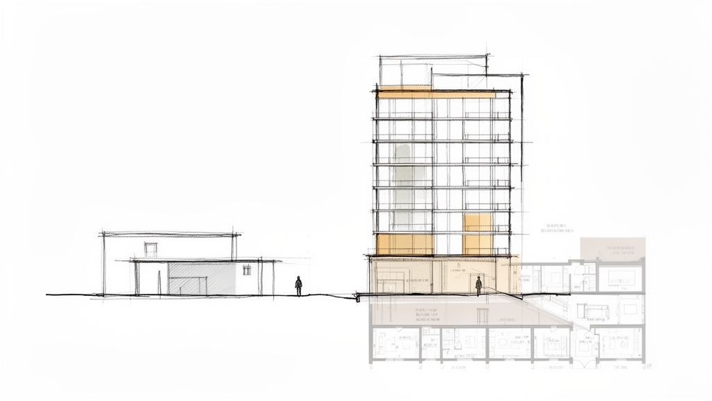 Un dibujo arquitectónico de sección que muestra un edificio alto y una casa pequeña, con niveles subterráneos y un camino de conexión.