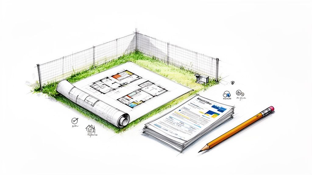 Planos de casa en un terreno cercado con documentos y lápiz, simbolizando diseño y construcción de una propiedad.