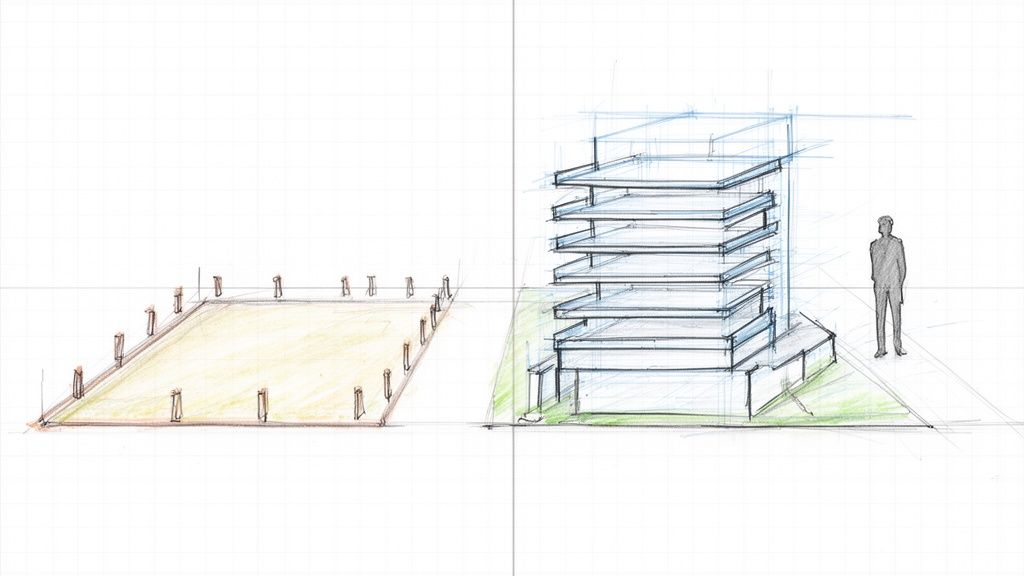 Boceto arquitectónico que muestra un terreno delimitado con estacas y el diseño de un edificio moderno de varios pisos con una figura humana.