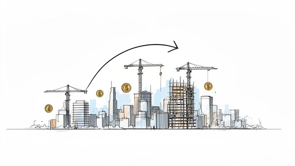 Ilustración de horizonte urbano con edificios en construcción, grúas y monedas de dólar, simbolizando crecimiento de inversión.