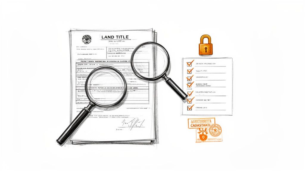 Documentos de título de propiedad con lupas, una lista de verificación y sellos catastrales, simbolizando seguridad y verificación.