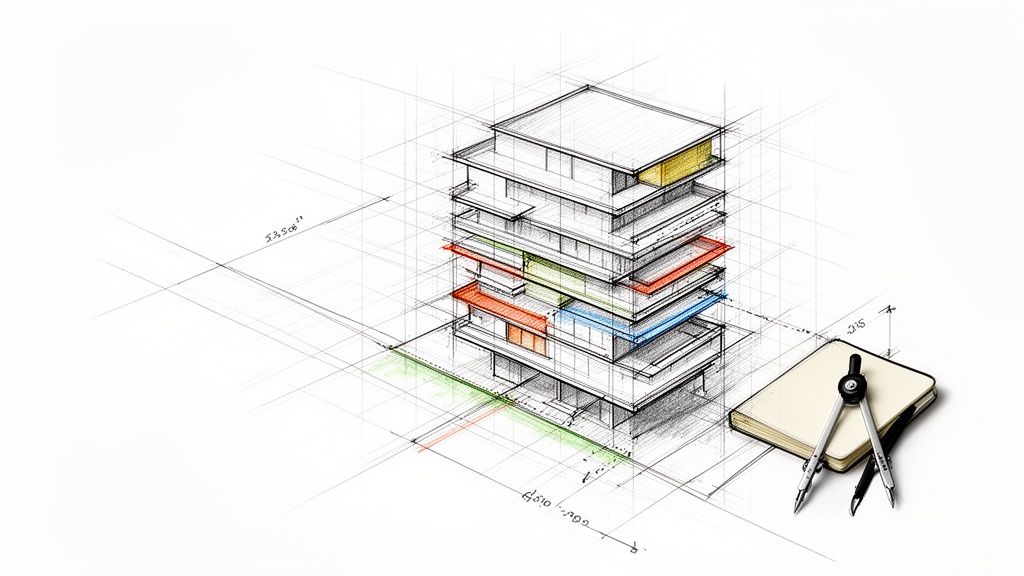 Boceto arquitectónico de edificio de varios pisos con detalles de color y herramientas de dibujo.