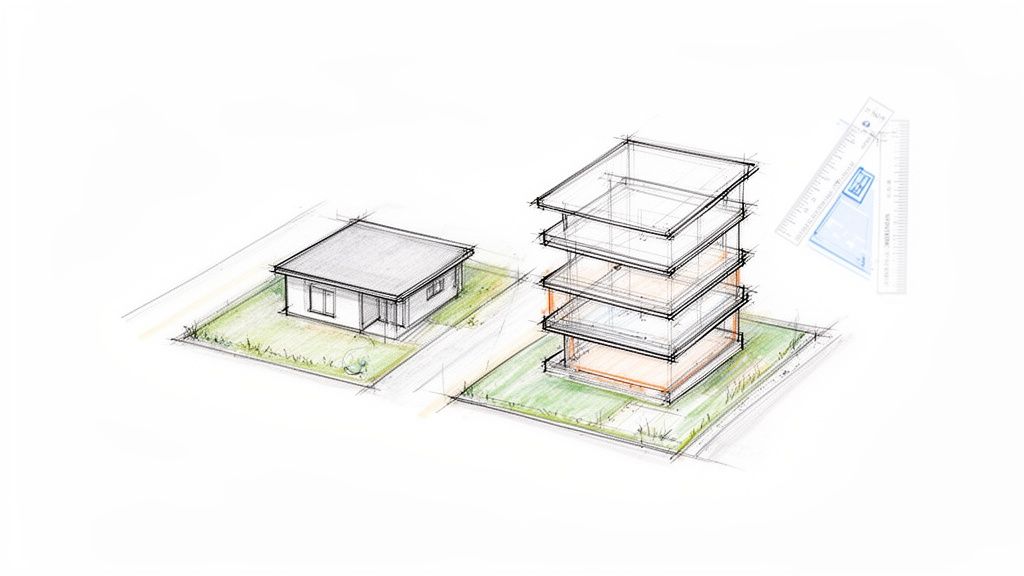Dibujo arquitectónico de una casa y un edificio con múltiples pisos, acompañados de reglas de diseño en un fondo blanco.