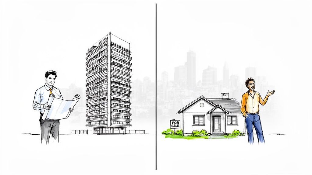 Dos escenas, un arquitecto con planos frente a un rascacielos y un agente inmobiliario frente a una casa en venta con un cartel.
