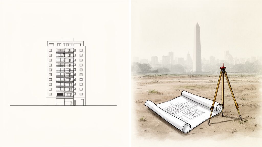 Dibujo de un edificio moderno junto a un plano, un trípode de topografía y un terreno vacío con un horizonte urbano.