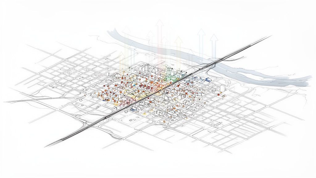 Mapa isométrico de una ciudad con cuadrícula, edificios, río, carretera y puntos de datos coloridos que muestran actividad o crecimiento urbano.