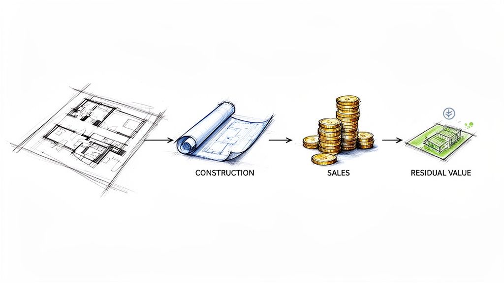 Diagrama del ciclo de vida de un inmueble que muestra plano, construcción, ventas y valor residual.