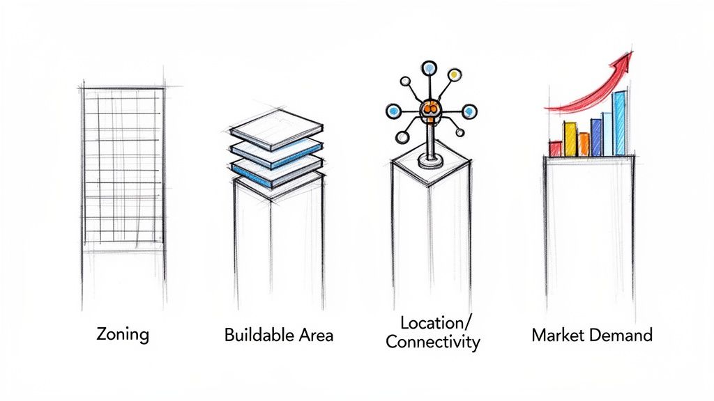 Cuatro factores clave visuales: zonificación, área edificable, ubicación y conectividad, y demanda del mercado.