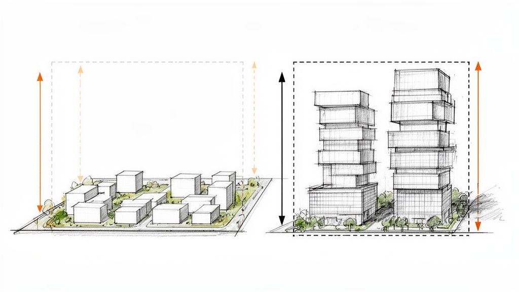 Ilustración comparativa de desarrollo urbano: edificios bajos y dispersos contra edificios altos y compactos en la misma área.