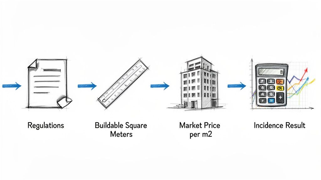 Diagrama de flujo que muestra cómo las regulaciones, metros cuadrados edificables y precio de mercado impactan el resultado de incidencia inmobiliaria.