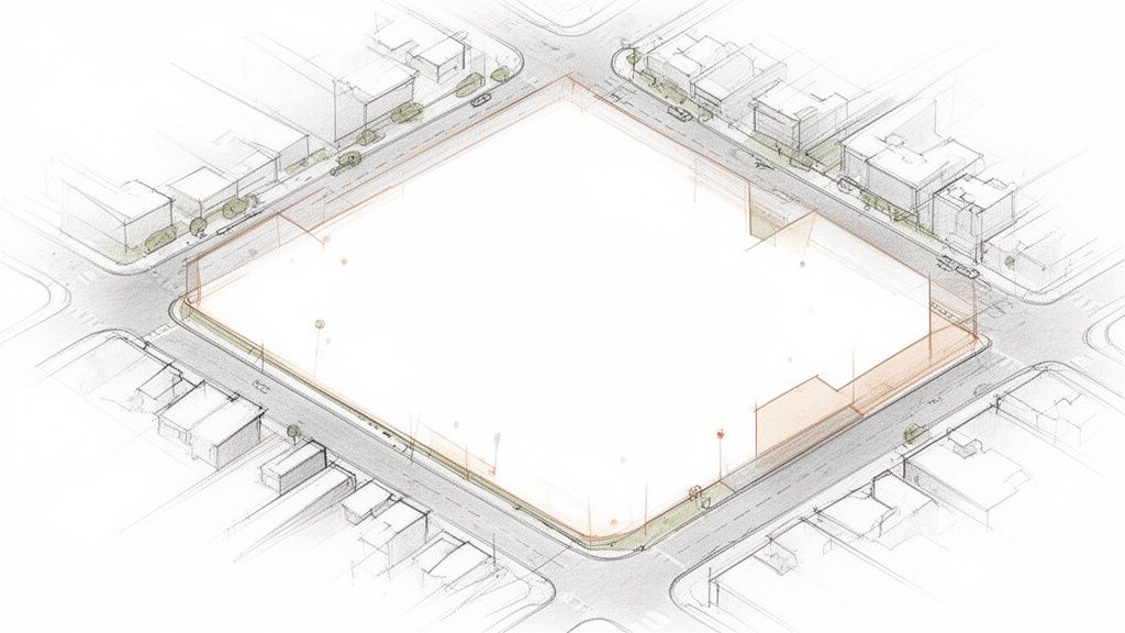 Croquis aéreo isométrico de un bloque de ciudad con calles, edificios y una gran parcela central.