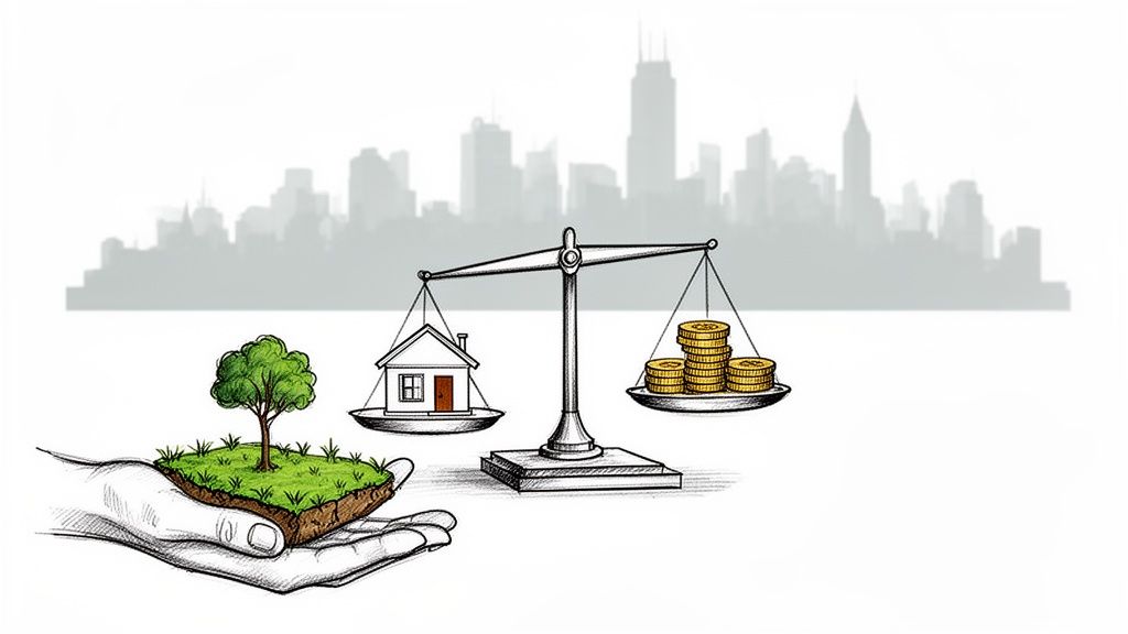 Imagen que compara el valor de la naturaleza, una casa y el dinero en una balanza con un fondo urbano.