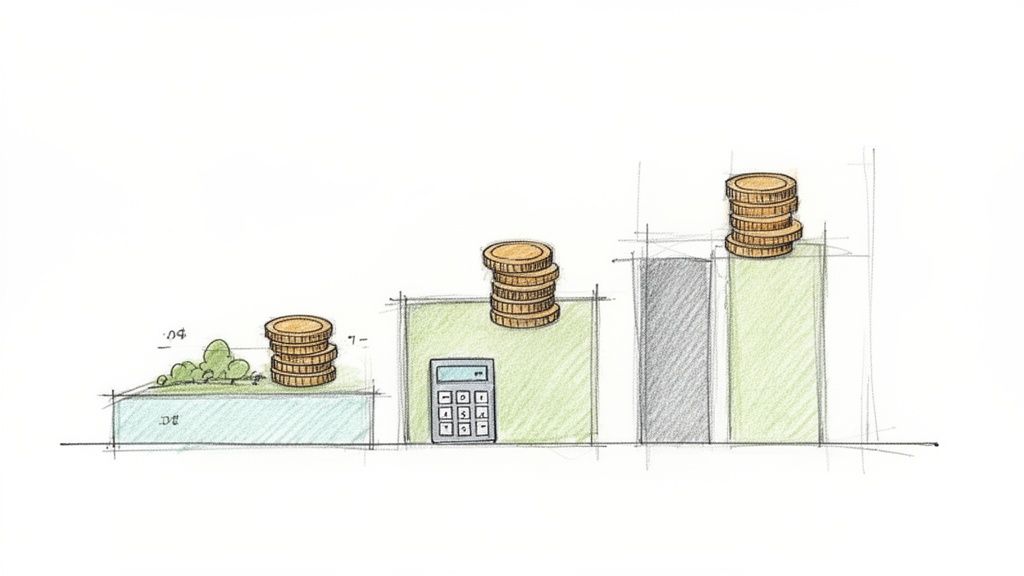 Ilustración de barras crecientes con pilas de monedas, calculadora y vegetación, representando etapas financieras.