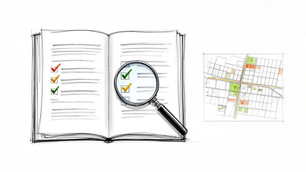 Un libro abierto con una checklist y una lupa, junto a un mapa de terreno, indicando análisis y planificación.
