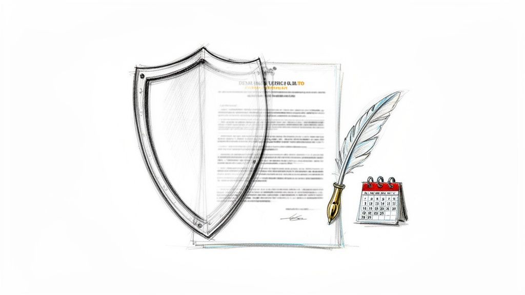 Dibujo de un escudo, documento legal, pluma y calendario, simbolizando protección contractual y fechas importantes.