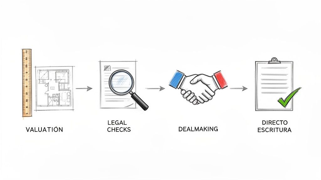 Diagrama que ilustra los pasos clave en una transacción inmobiliaria: valuación, verificación legal, acuerdo y escritura directa.