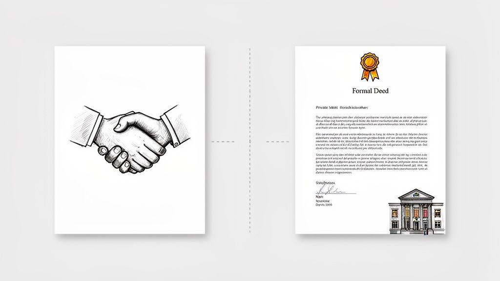 Representación de un acuerdo legal con un apretón de manos y un documento de escritura formal con un edificio.