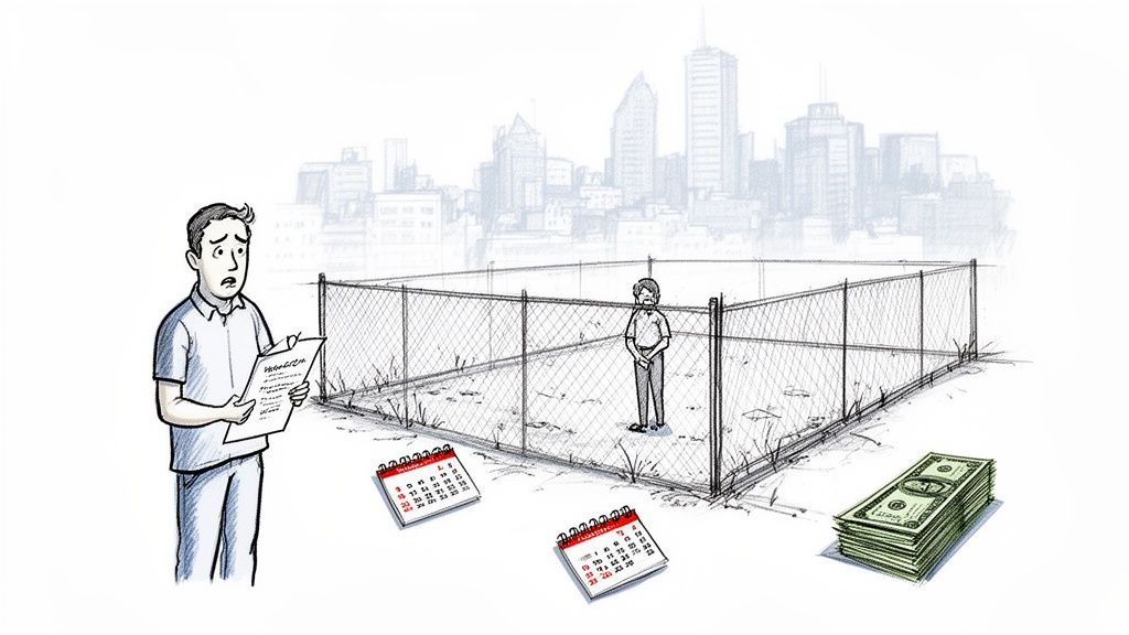 Un hombre preocupado sostiene documentos mientras otro está en un terreno vallado con dinero y calendarios, al fondo una ciudad.