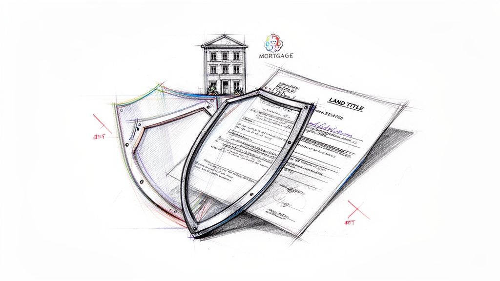 Una ilustración de una casa, un título de propiedad y escudos, simbolizando hipoteca y protección legal.