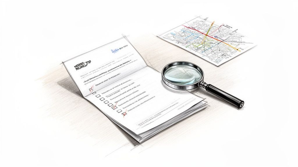 Dibujo de un documento abierto con lista de verificación, lupa y mapa, simbolizando planificación o revisión detallada.