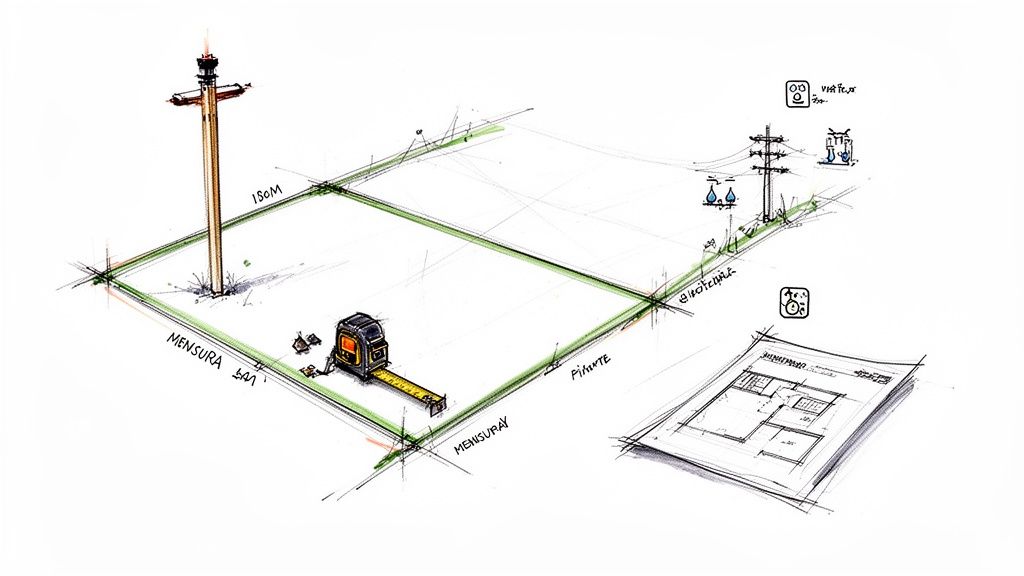Un dibujo técnico muestra la mensura de un terreno con medidas, servicios y un plano de construcción.