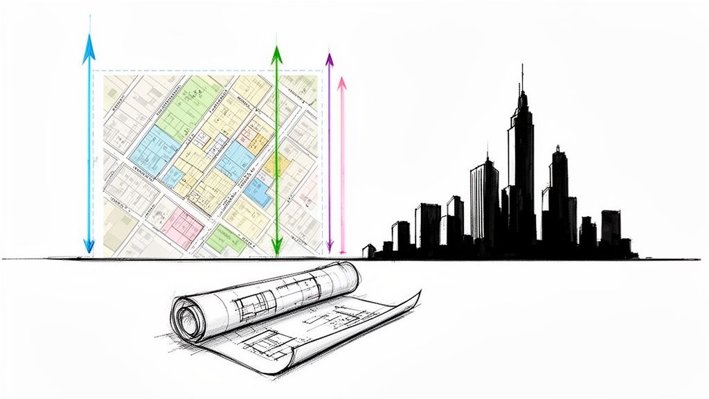 Representación conceptual de planificación urbana: mapa, alturas de construcción, horizonte de la ciudad y planos arquitectónicos.