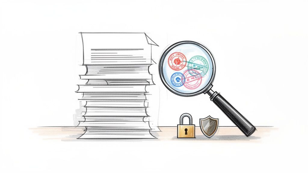 Pila de documentos siendo revisados con lupa, sellos oficiales, candado y escudo de protección.