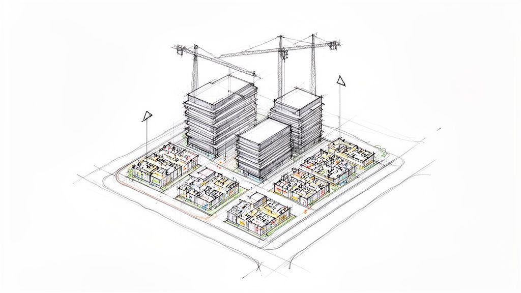 Dibujo arquitectónico en perspectiva aérea de un plan urbanístico con edificios altos y grúas de construcción, y viviendas.