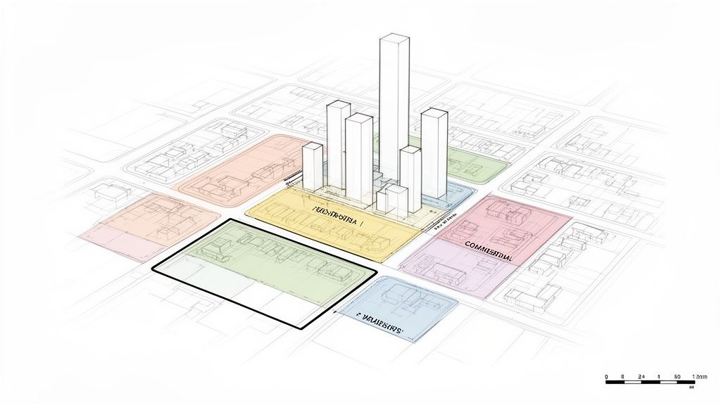 Un diseño urbano esquemático que muestra una ciudad con rascacielos y zonas residenciales y comerciales.