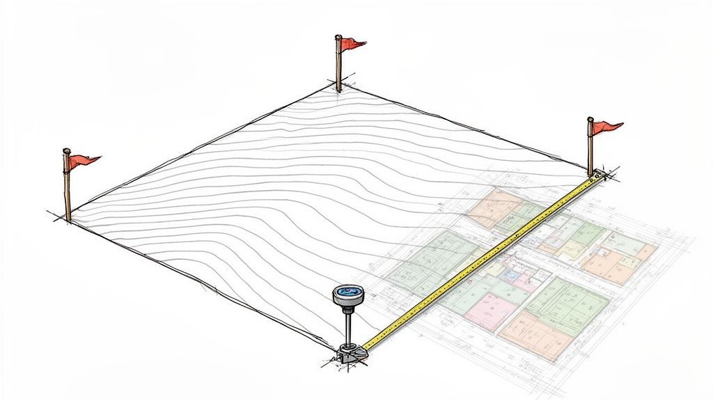 Ilustración de un terreno siendo medido con banderas, cinta métrica y equipo, sobre un plano de urbanización.