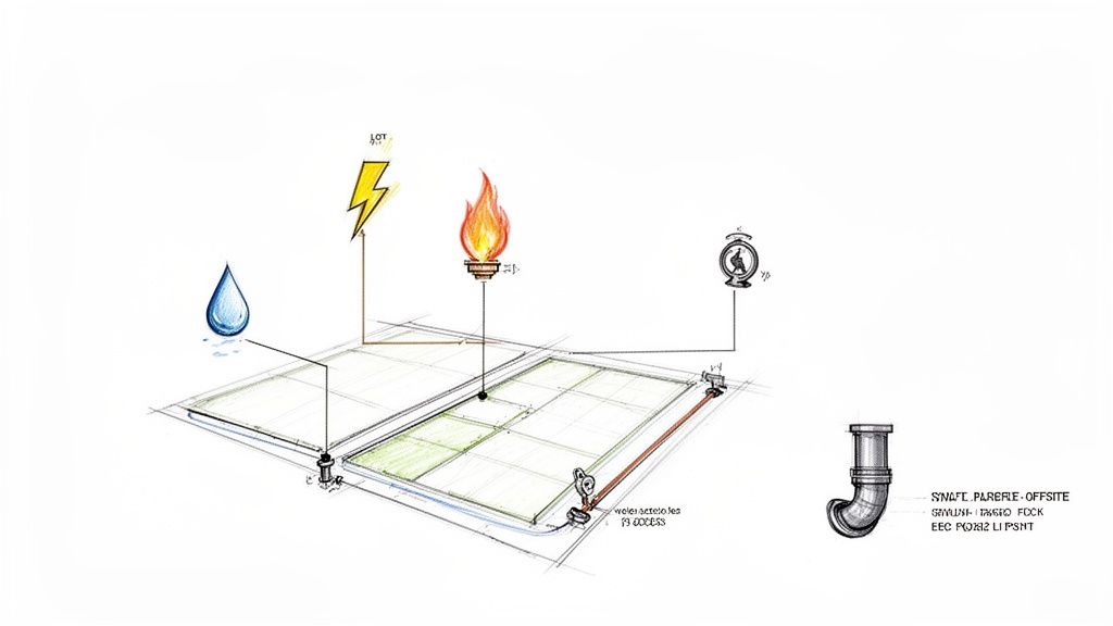 Diagrama conceptual de servicios públicos (agua, electricidad, gas, ventilación) conectados a un terreno con tubería y elementos externos.