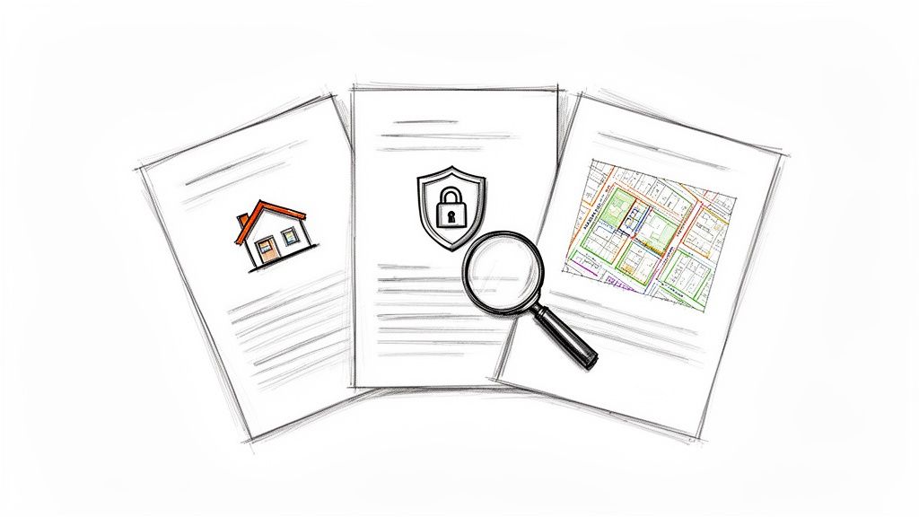 Documentos legales con una casa, un escudo de seguridad y un mapa, examinados con una lupa.