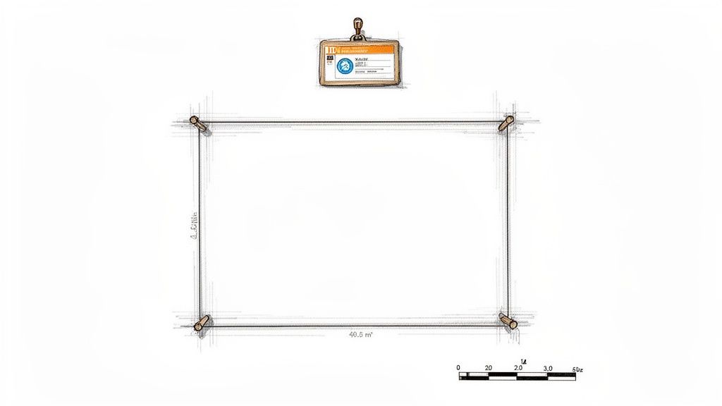 Representación esquemática de la mensura de un terreno, mostrando dimensiones y un plano de identificación.