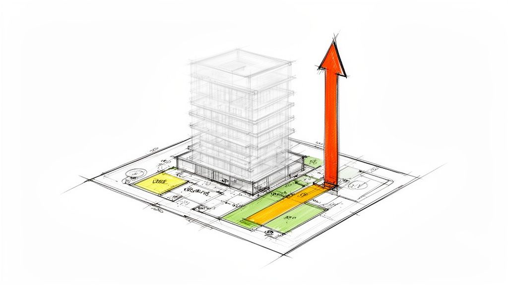 Boceto arquitectónico de un edificio transparente en un plano con una flecha naranja ascendente y áreas coloreadas.