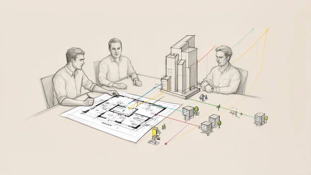Tres arquitectos discuten planos y un modelo de ciudad, planificando desarrollo urbano y conectividad.