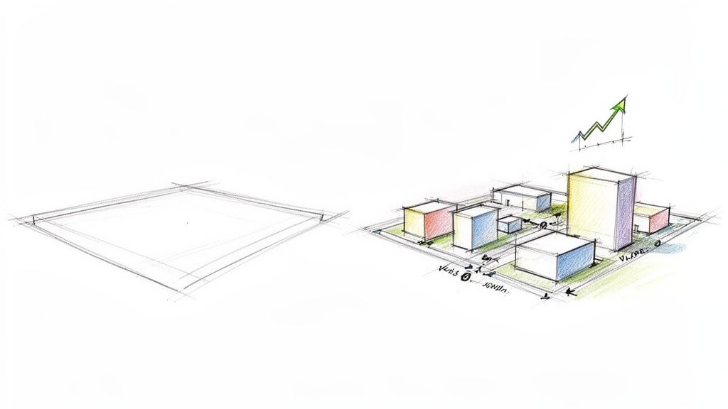 Bosquejo que compara un terreno vacío con un plan de desarrollo urbano con edificios y un gráfico de crecimiento.