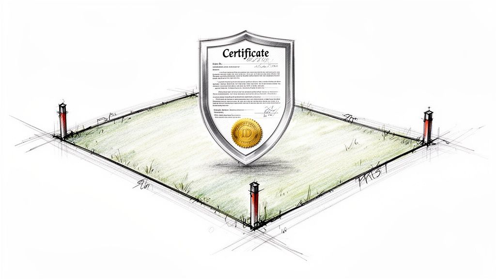 Dibujo de un terreno con linderos marcados por postes rojos y un certificado de propiedad en un escudo.